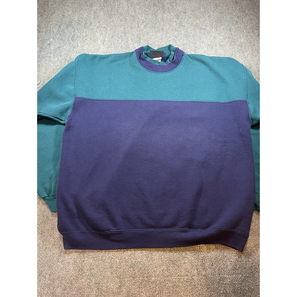 Vtg 90s Hanes Signature Collection Sweatshirt XL Color Block Teal Navy  USA